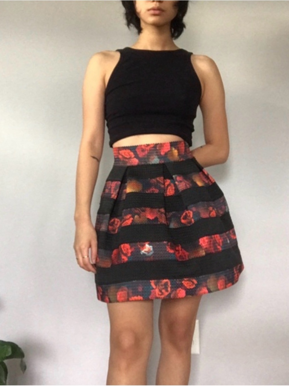 Guess Black Mini Skirt with Red Floral Stripes